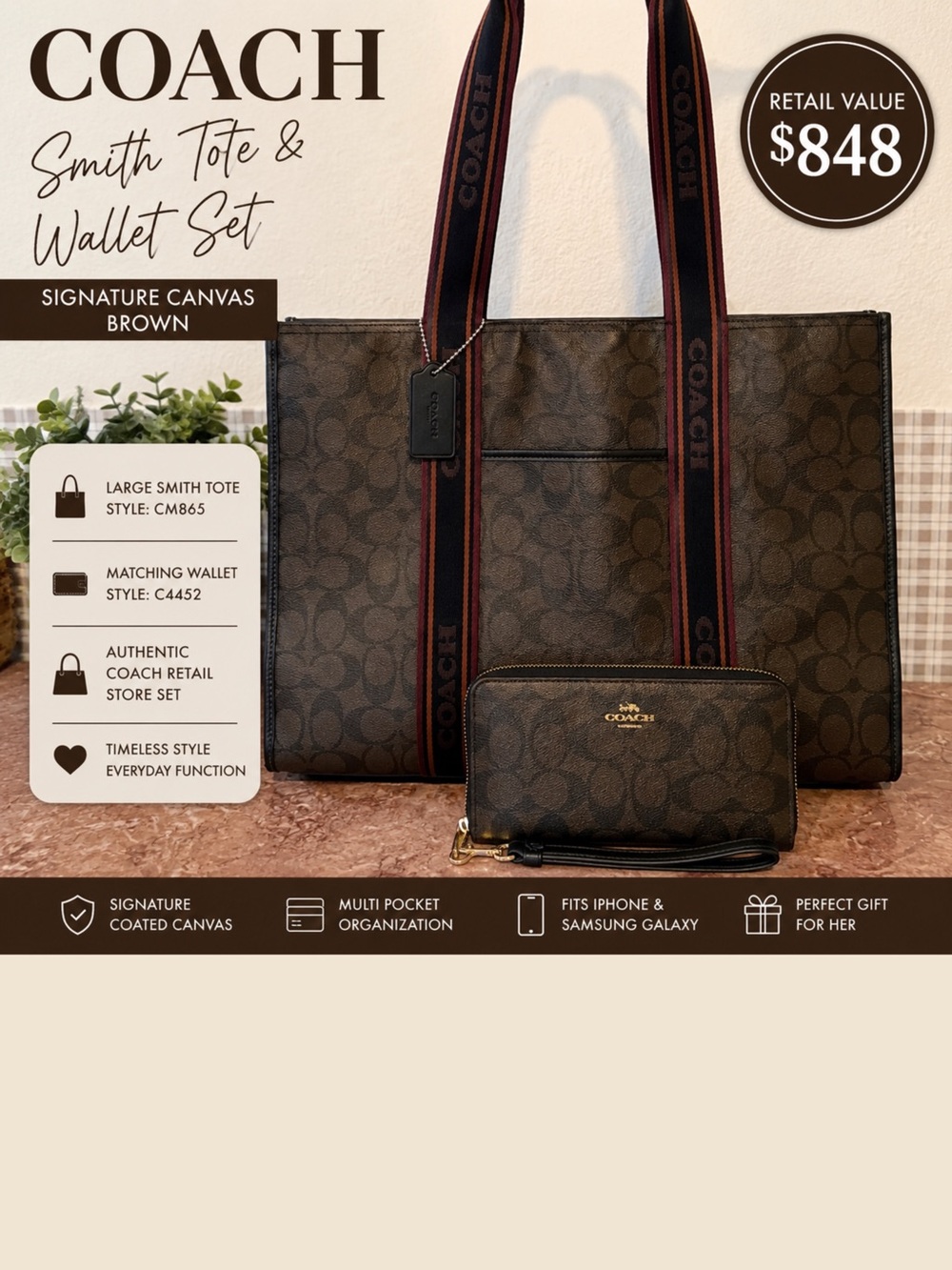Coach Signature Canvas Large Tote Wallet Set Brown Monogram Designer Luxury Bag - Picture 16 of 17